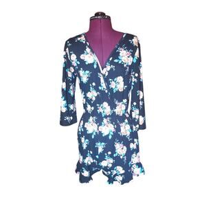 French Grey Romper Floral Black V-Neck Key Hole Back Size Small Spring Summer